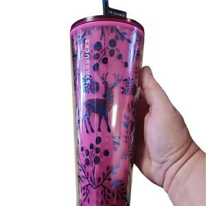 Starbucks 2022 holiday pink with blue  dear and fox tumbler 24oz